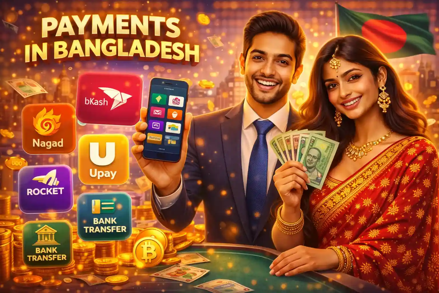 Man and woman displaying local payment methods like bKash and Nagad with a Bangladesh flag background