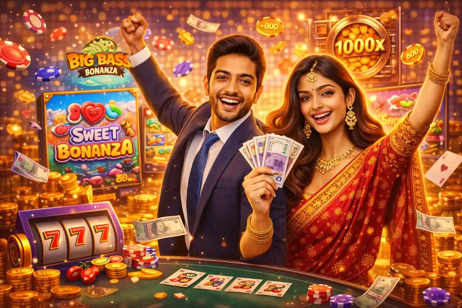 Excited couple holding cash banknotes celebrating a massive win on Sweet Bonanza and Big Bass slots
